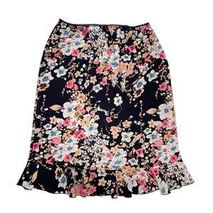 Vintage 90s Y2K Pantology Black Floral A-line Ruffle Hem Slip Skirt Fairycore